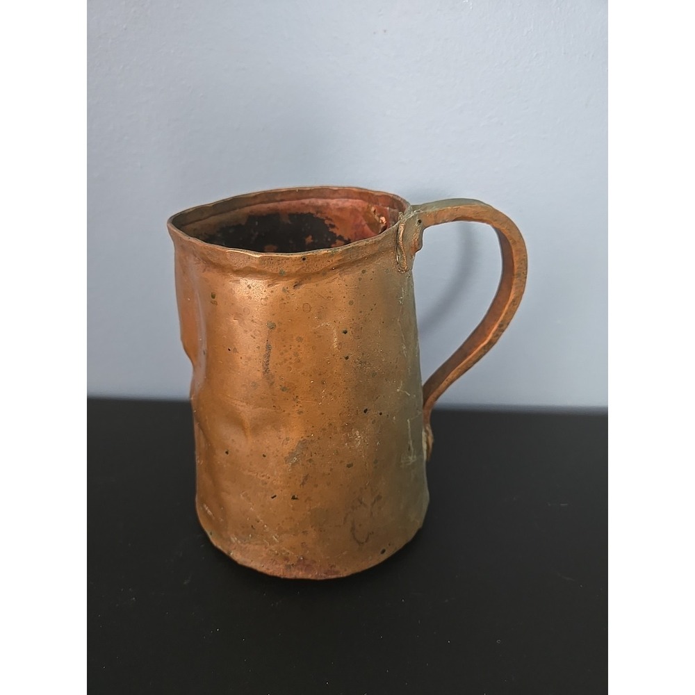 Antique Primitive Rustic Handmade Copper Pitcher 6" Tall Heavy